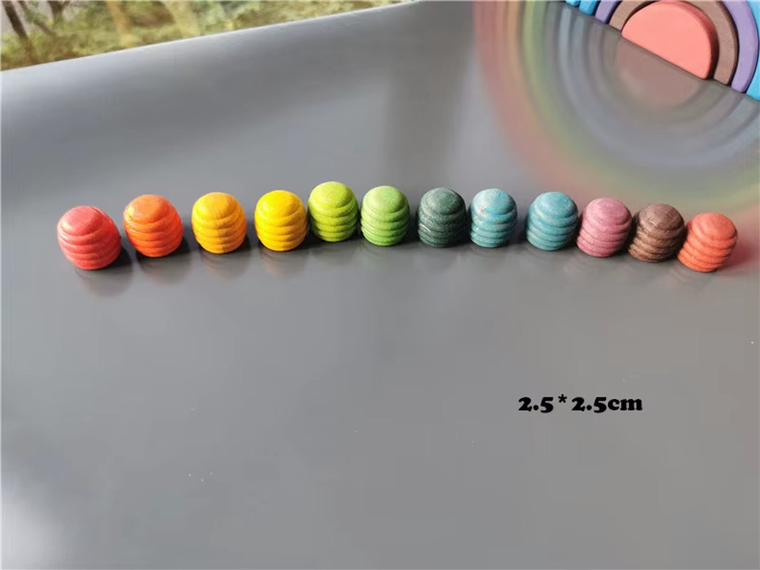 Kids Wooden Rainbow Mandala Block Montessori Loose Parts Toy Mushrooms Honeycomb Droplets Bamboo Shoots Acorns Tree Cones