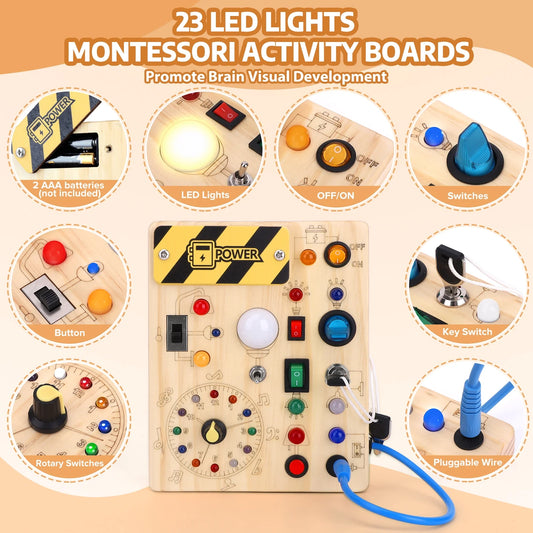 Montessori Busy Board with LED Light Switches, Toddler Travel Toys for 1-3 Year Old Boys and Girls