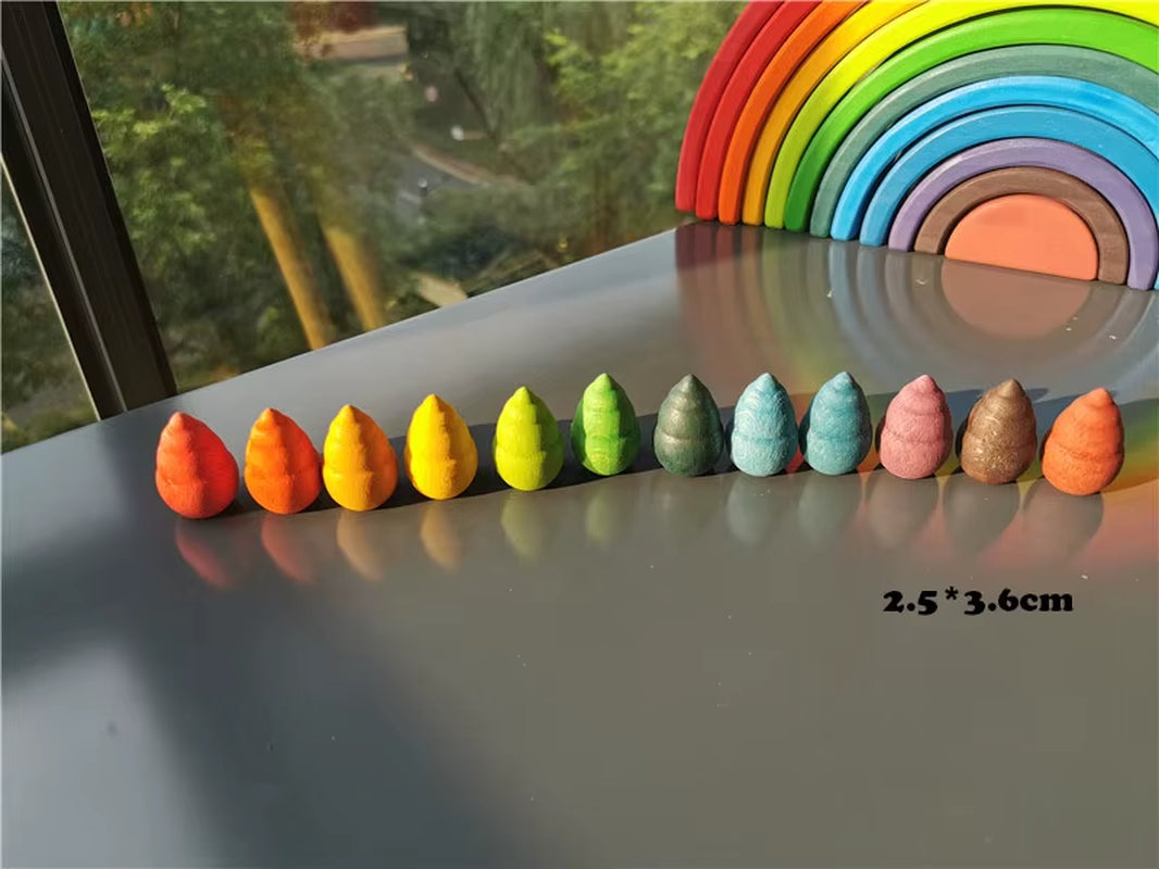 Kids Wooden Rainbow Mandala Block Montessori Loose Parts Toy Mushrooms Honeycomb Droplets Bamboo Shoots Acorns Tree Cones