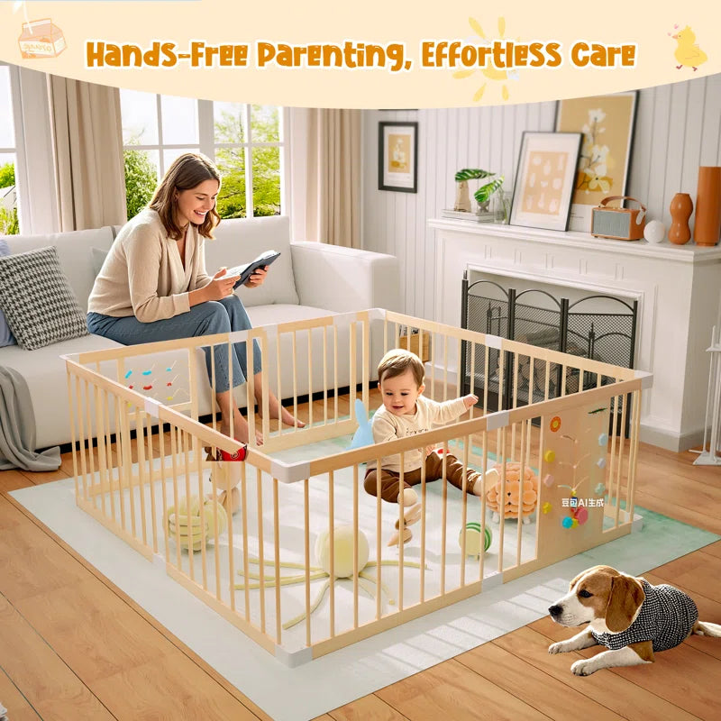 Wooden Baby Playpen with Locking Gate & Interactive Toys