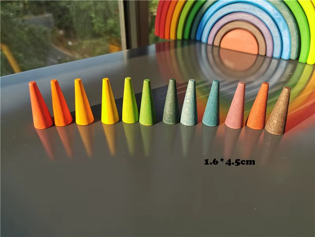Kids Wooden Rainbow Mandala Block Montessori Loose Parts Toy Mushrooms Honeycomb Droplets Bamboo Shoots Acorns Tree Cones