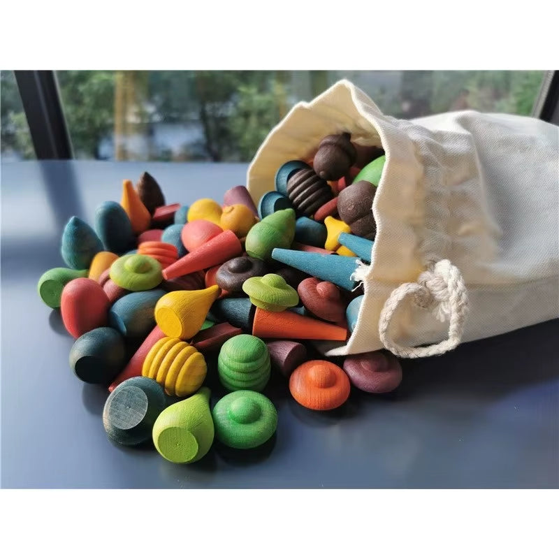 Kids Wooden Rainbow Mandala Block Montessori Loose Parts Toy Mushrooms Honeycomb Droplets Bamboo Shoots Acorns Tree Cones