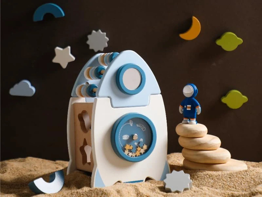Wooden Montessori Space Rocket Busy Cube, Toddler Sensory Activity Toy, Educational Gift (Ships Fast)