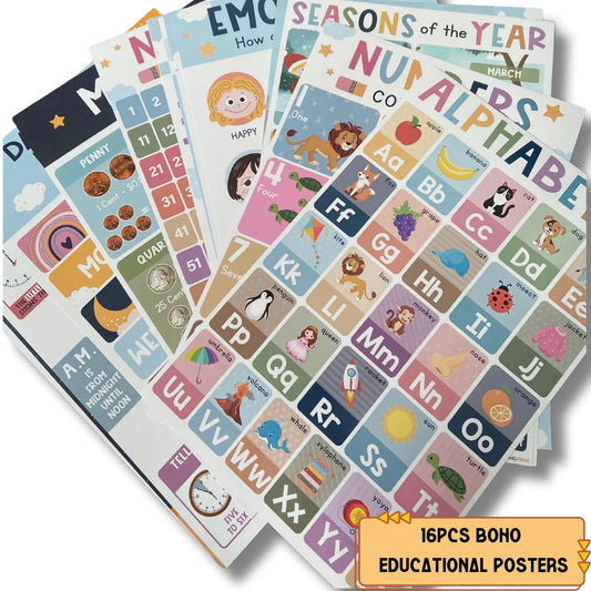 16PCS Boho Educational Posters Set for Toddlers | Calm Learning Charts | Montessori Preschool Wall Decor | Homeschool Classroom Posters