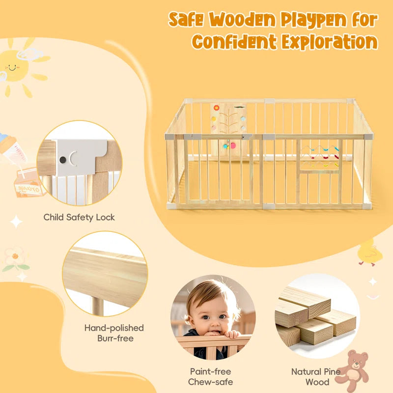 Wooden Baby Playpen with Locking Gate & Interactive Toys