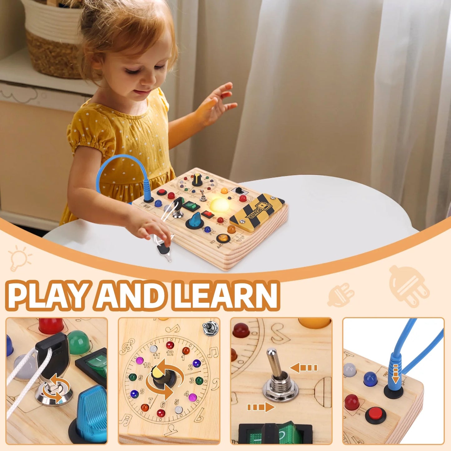Montessori Busy Board with LED Light Switches, Toddler Travel Toys for 1-3 Year Old Boys and Girls