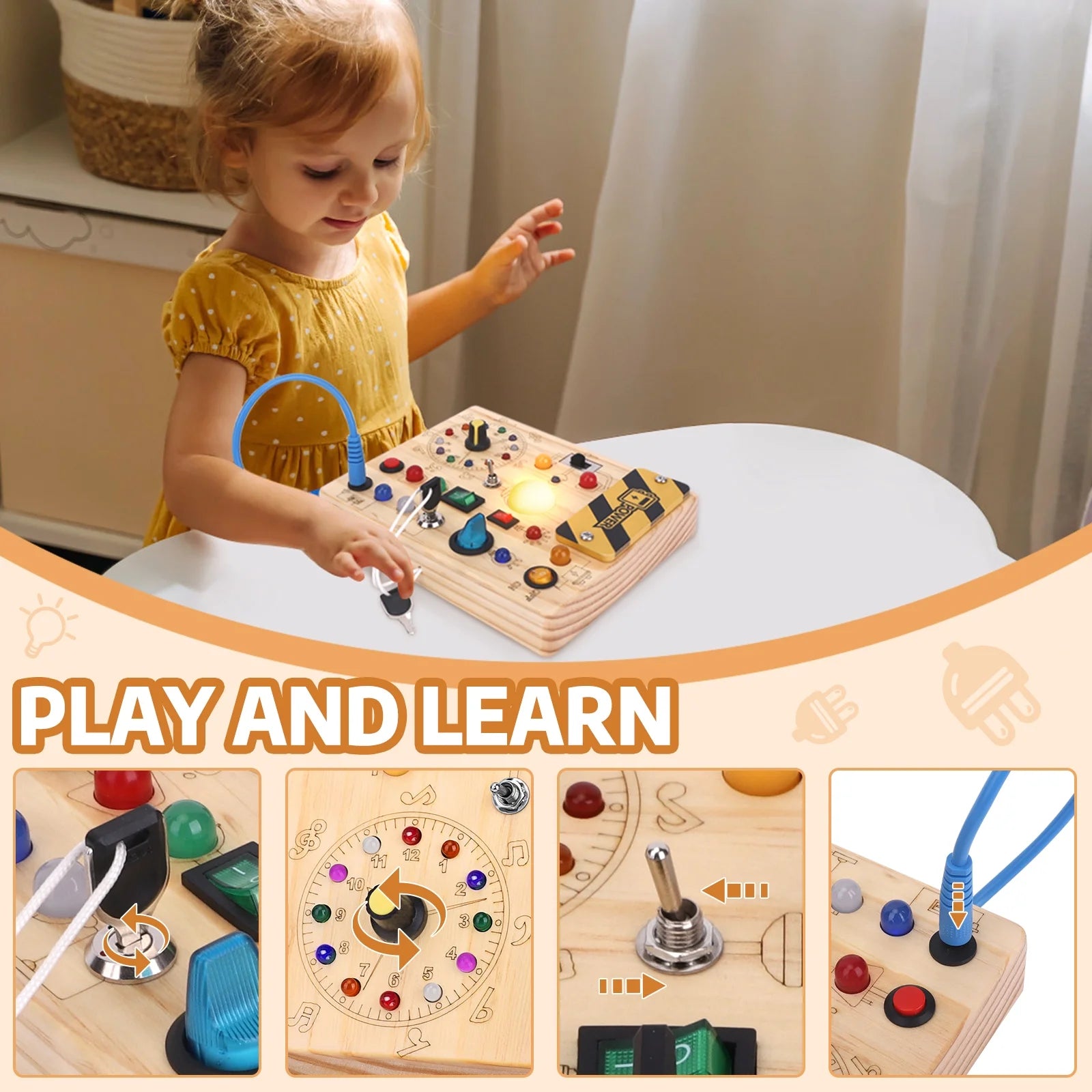 Montessori Busy Board with LED Light Switches, Toddler Travel Toys for 1-3 Year Old Boys and Girls