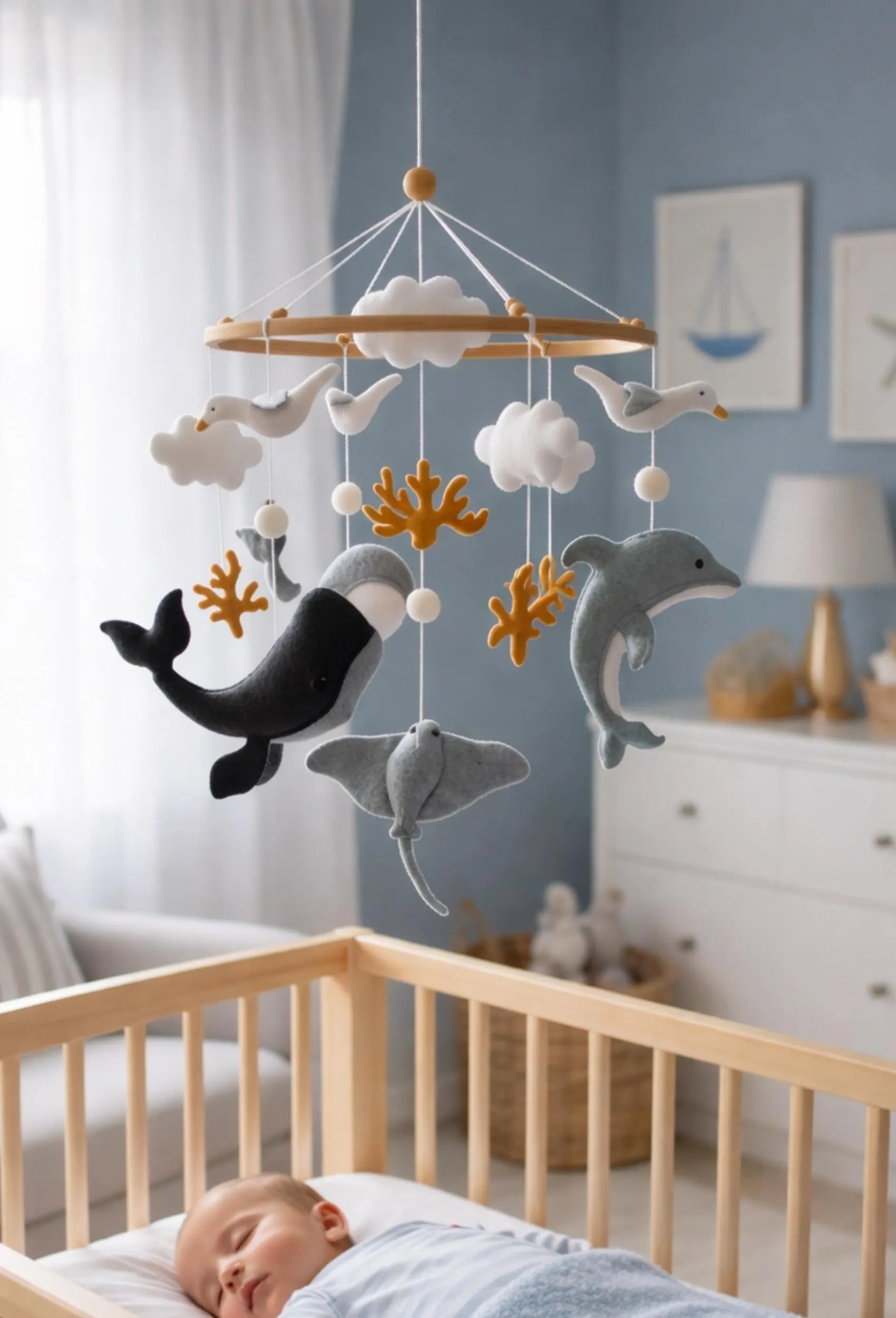 Whale Baby Mobile – Handmade Felt Crib Mobile under the Sea Coastal Nursery Decor Whale Baby Nursery Ocean Baby Mobile