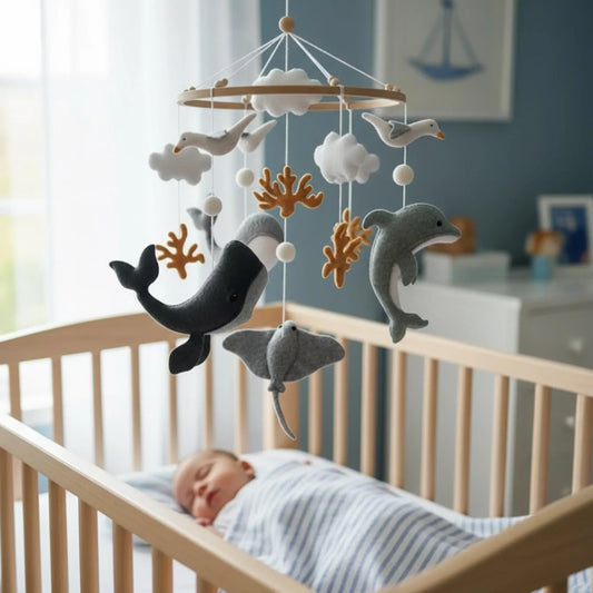 Whale Baby Mobile – Handmade Felt Crib Mobile under the Sea Coastal Nursery Decor Whale Baby Nursery Ocean Baby Mobile