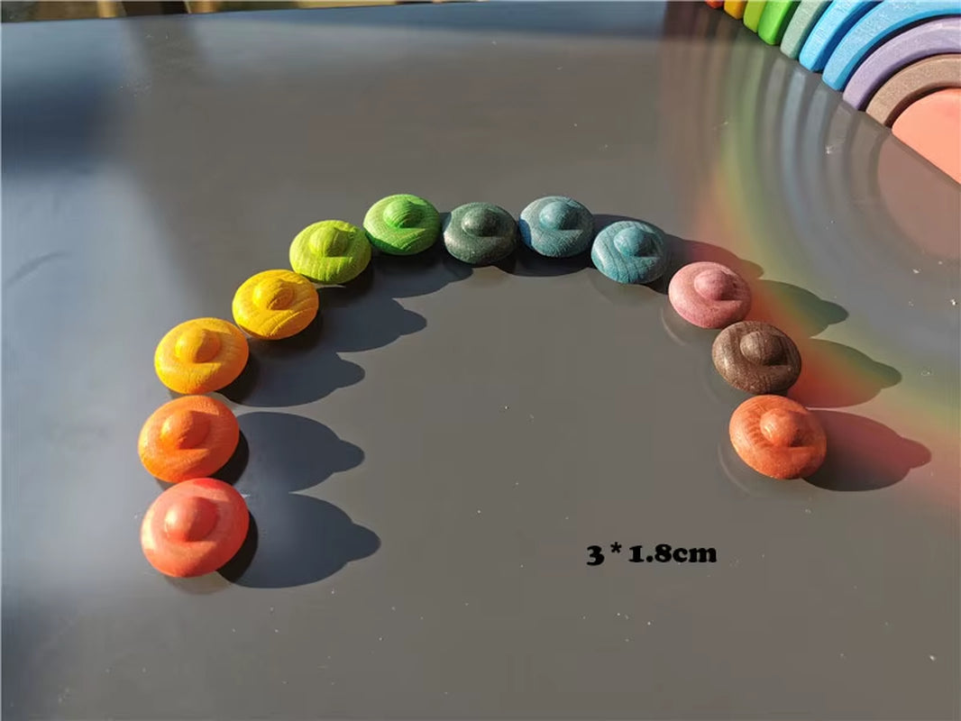 Kids Wooden Rainbow Mandala Block Montessori Loose Parts Toy Mushrooms Honeycomb Droplets Bamboo Shoots Acorns Tree Cones