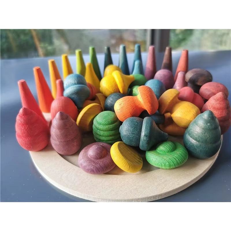 Kids Wooden Rainbow Mandala Block Montessori Loose Parts Toy Mushrooms Honeycomb Droplets Bamboo Shoots Acorns Tree Cones