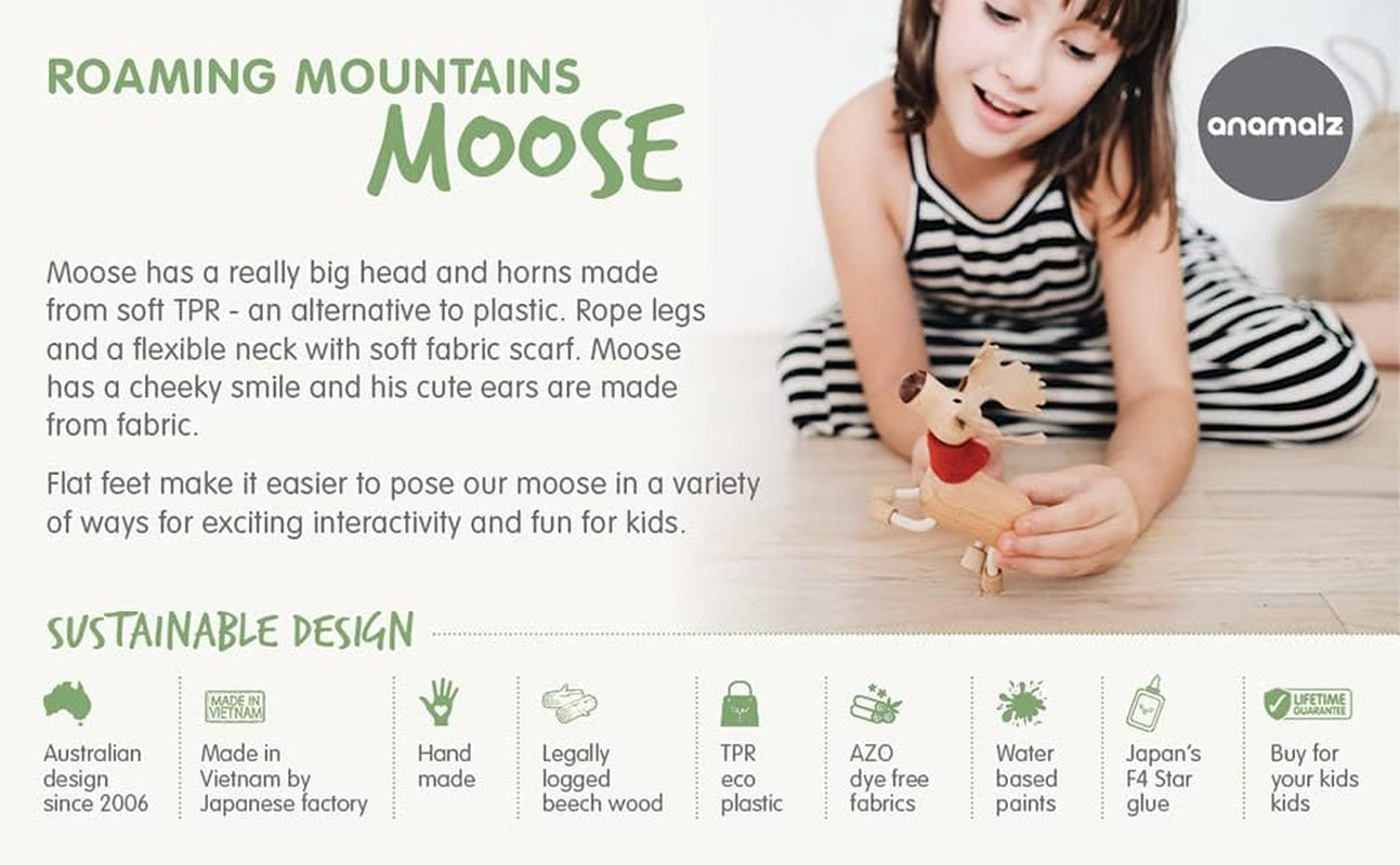 Moose Wooden Animal Toy for Toddlers, Fun and Posable Moose for Early Learning, Montessori, and STEM, Smooth Natural Wood, Boys and Girls