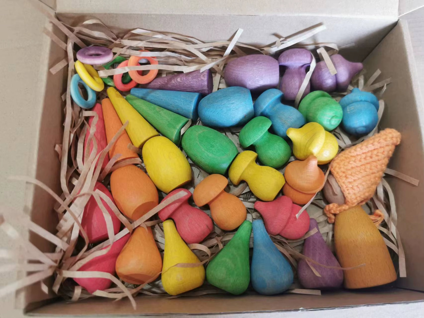 Kids Wooden Rainbow Mandala Block Montessori Loose Parts Toy Mushrooms Honeycomb Droplets Bamboo Shoots Acorns Tree Cones