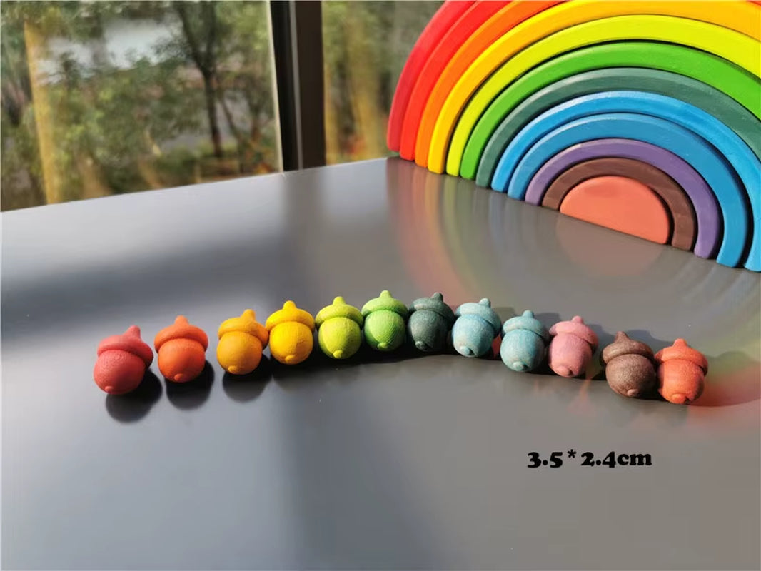 Kids Wooden Rainbow Mandala Block Montessori Loose Parts Toy Mushrooms Honeycomb Droplets Bamboo Shoots Acorns Tree Cones