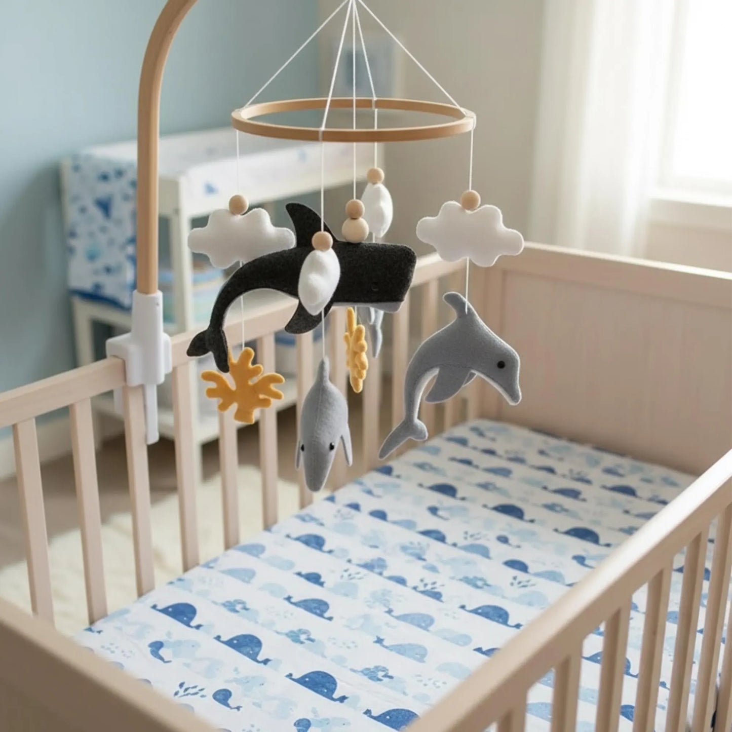 Whale Baby Mobile – Handmade Felt Crib Mobile under the Sea Coastal Nursery Decor Whale Baby Nursery Ocean Baby Mobile
