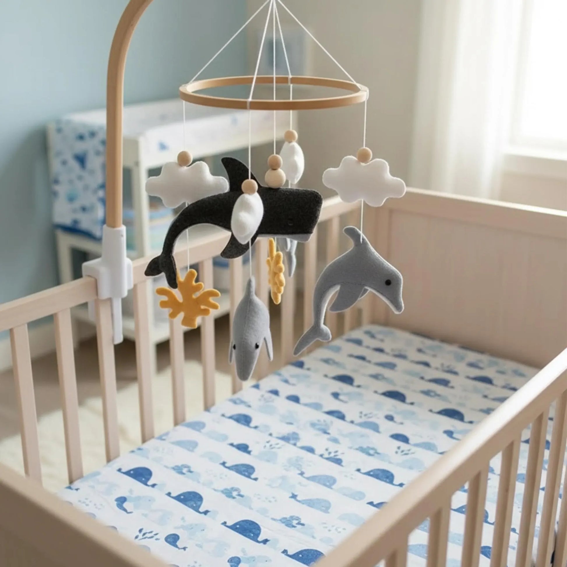 Whale Baby Mobile – Handmade Felt Crib Mobile under the Sea Coastal Nursery Decor Whale Baby Nursery Ocean Baby Mobile