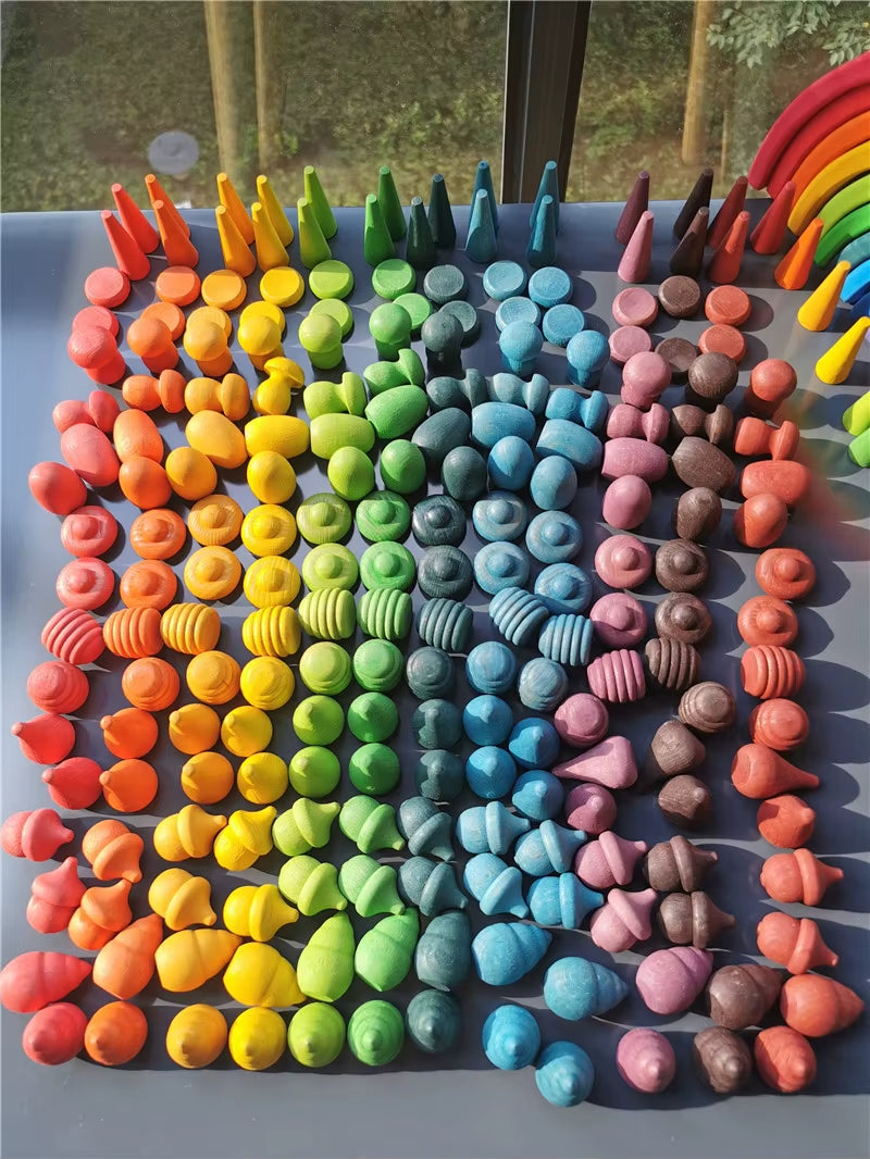 Kids Wooden Rainbow Mandala Block Montessori Loose Parts Toy Mushrooms Honeycomb Droplets Bamboo Shoots Acorns Tree Cones