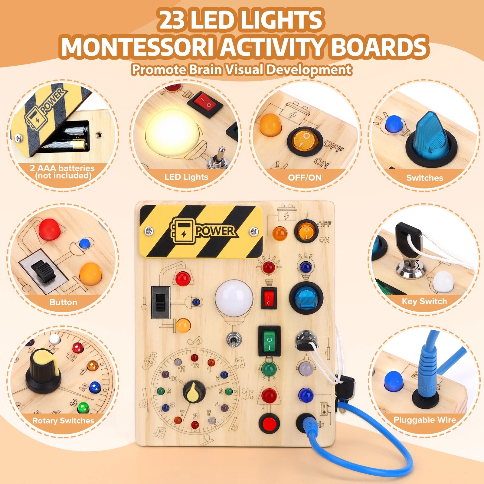 Montessori Busy Board with LED Light Switches, Toddler Travel Toys for 1-3 Year Old Boys and Girls