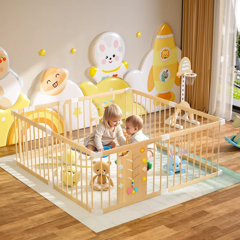 Wooden Baby Playpen with Locking Gate & Interactive Toys