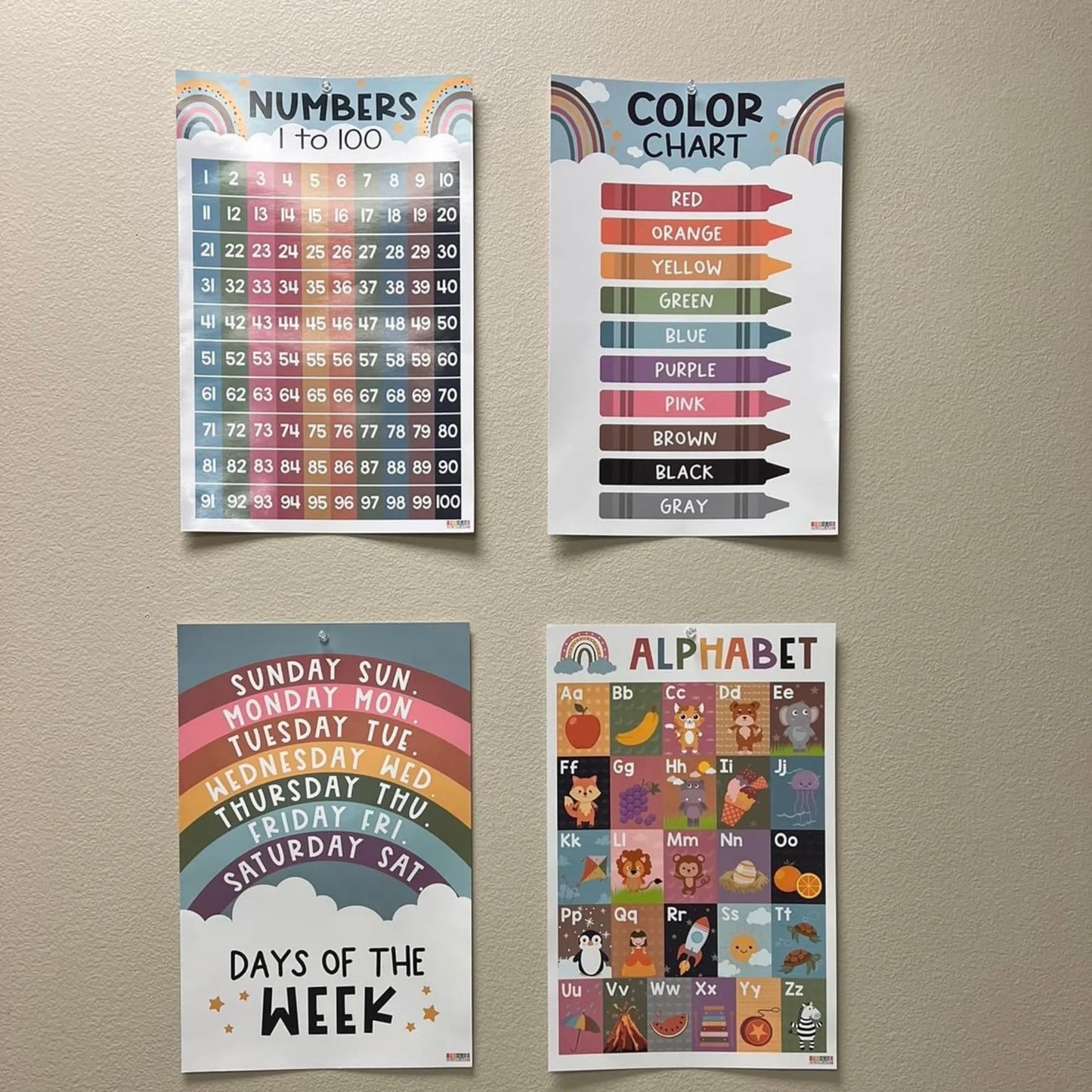 16PCS Boho Educational Posters Set for Toddlers | Calm Learning Charts | Montessori Preschool Wall Decor | Homeschool Classroom Posters