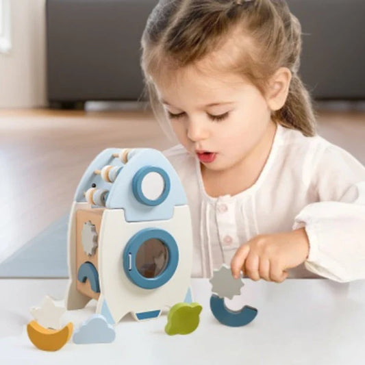 Wooden Montessori Space Rocket Busy Cube, Toddler Sensory Activity Toy, Educational Gift (Ships Fast)
