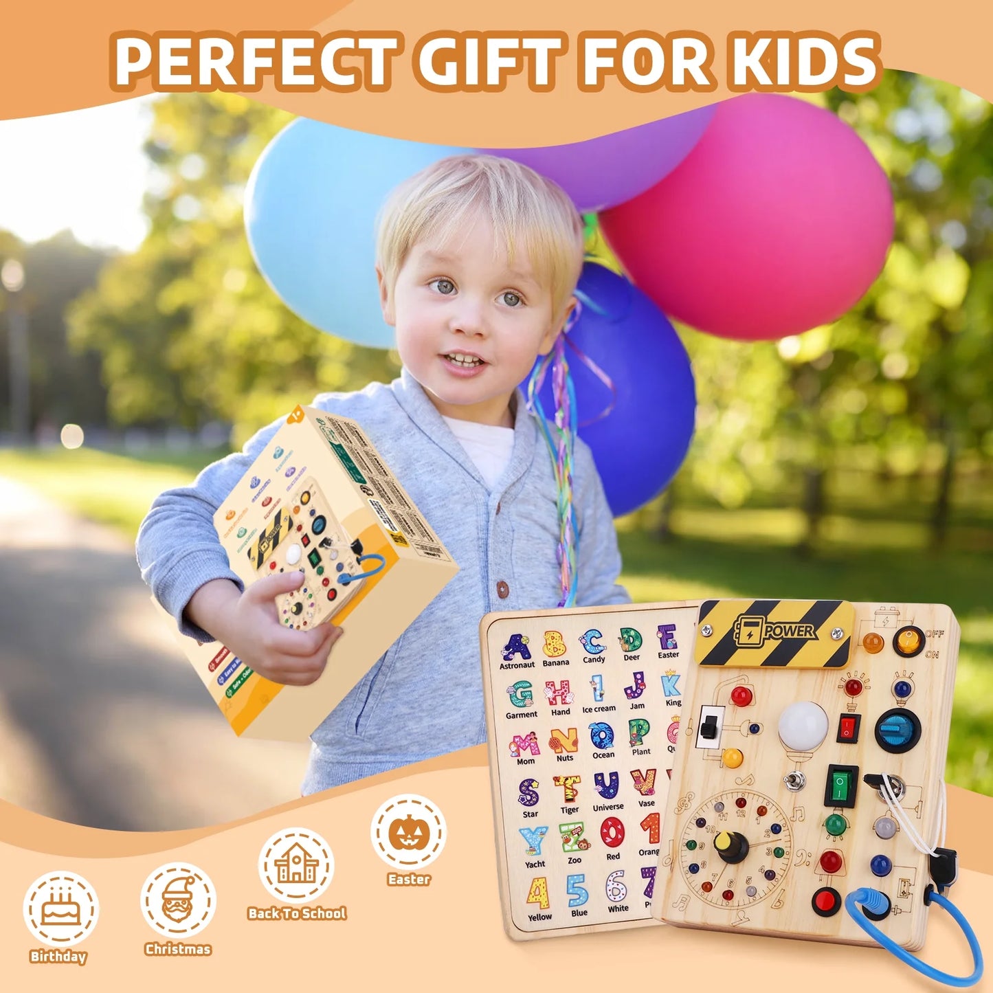 Montessori Busy Board with LED Light Switches, Toddler Travel Toys for 1-3 Year Old Boys and Girls