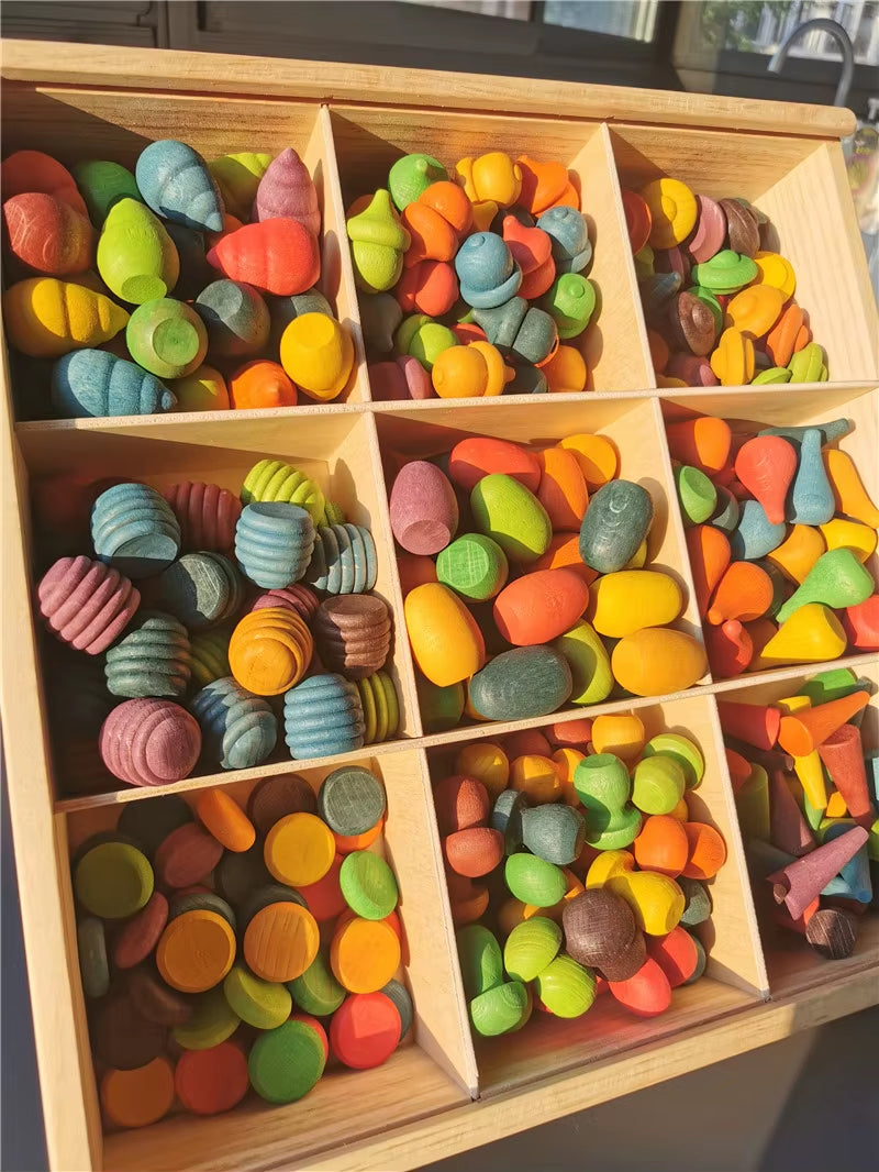 Kids Wooden Rainbow Mandala Block Montessori Loose Parts Toy Mushrooms Honeycomb Droplets Bamboo Shoots Acorns Tree Cones