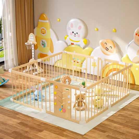 Wooden Baby Playpen with Locking Gate & Interactive Toys