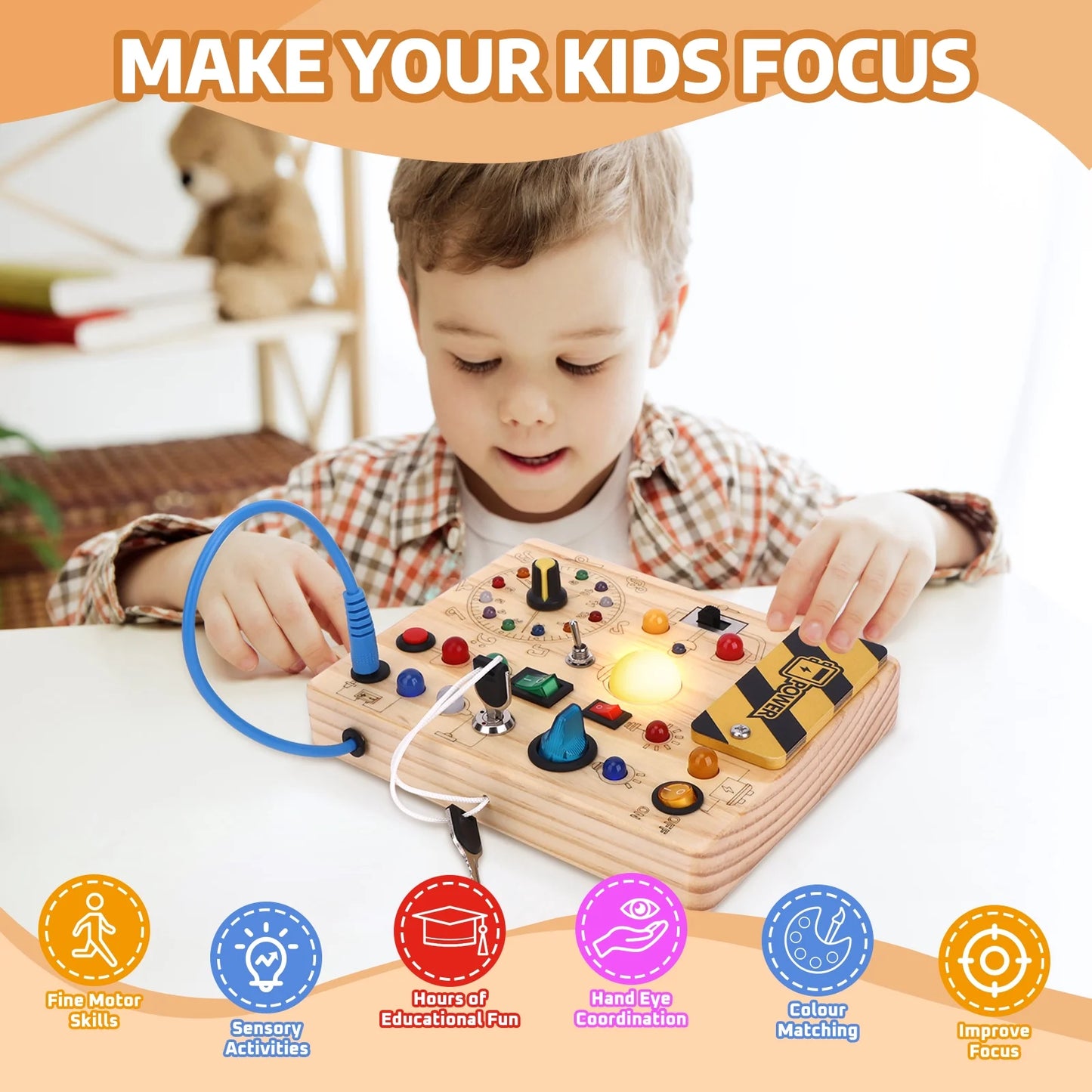 Montessori Busy Board with LED Light Switches, Toddler Travel Toys for 1-3 Year Old Boys and Girls