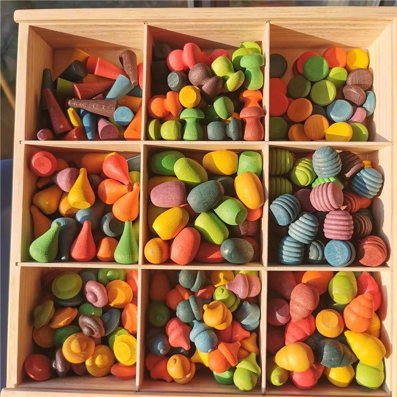 Kids Wooden Rainbow Mandala Block Montessori Loose Parts Toy Mushrooms Honeycomb Droplets Bamboo Shoots Acorns Tree Cones