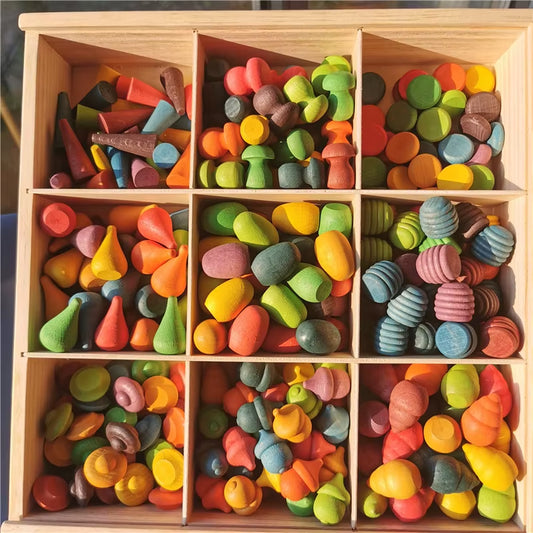 Kids Wooden Rainbow Mandala Block Montessori Loose Parts Toy Mushrooms Honeycomb Droplets Bamboo Shoots Acorns Tree Cones